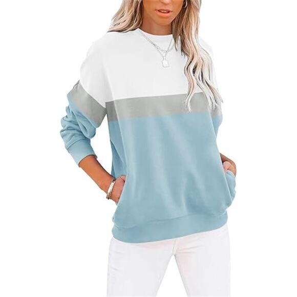 Women’s Casual Long Sleeve Color Block Crewneck Sweatshirt with Pockets - Picture 6 of 6